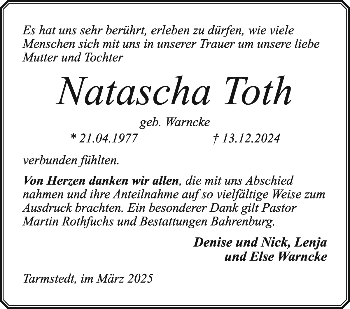Traueranzeige von Natascha Toth von Wuemme Zeitung