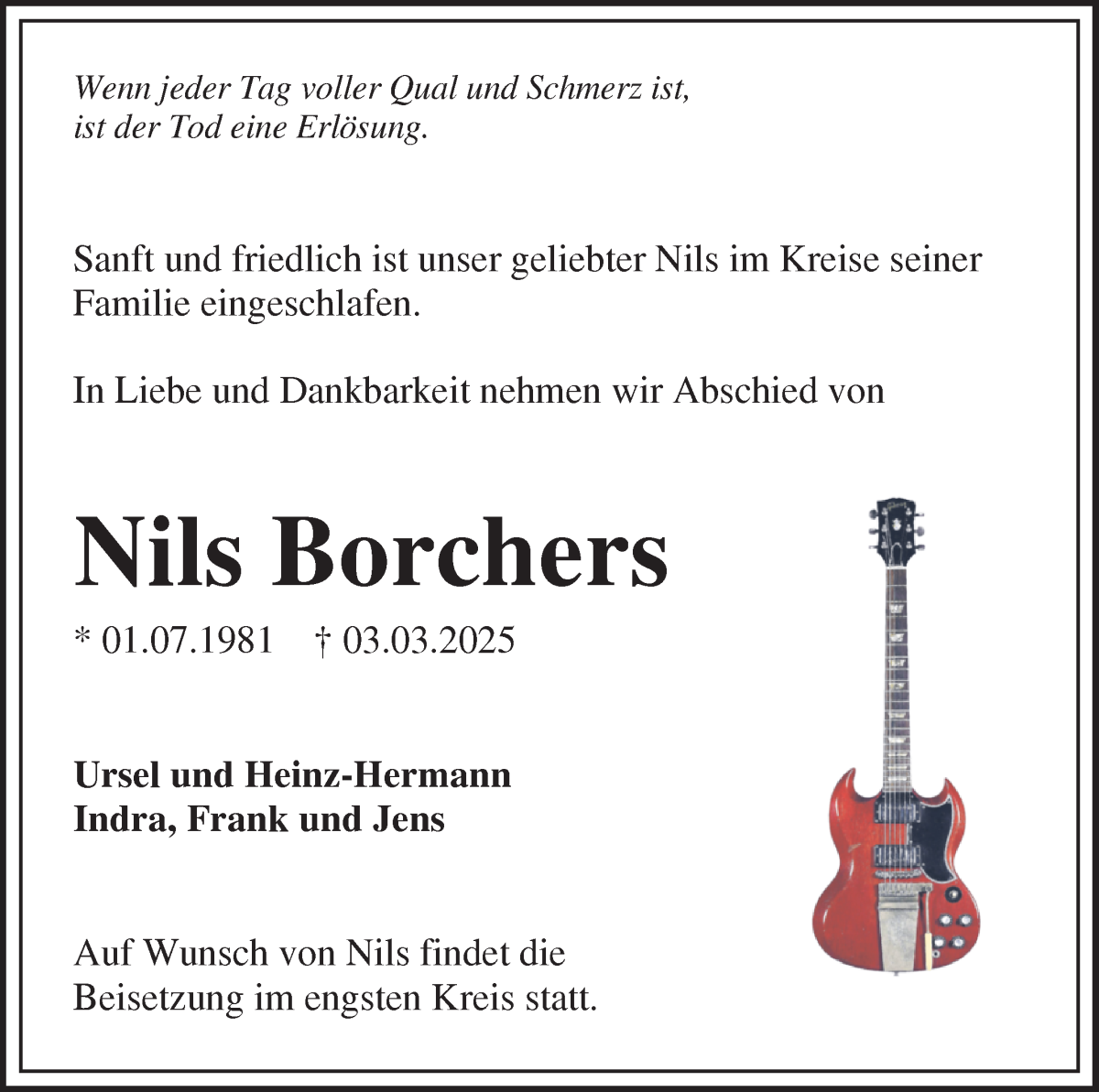 Traueranzeige von Nils Borchers von WESER-KURIER