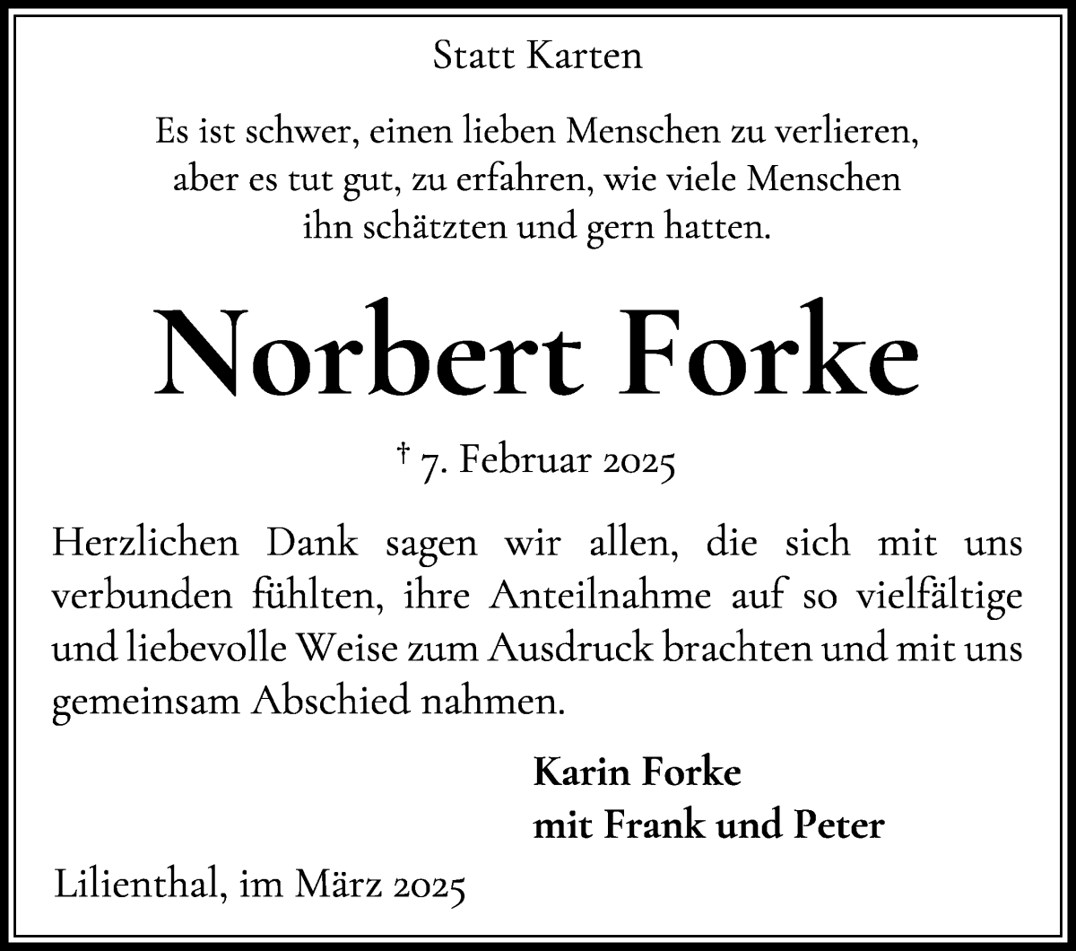 Traueranzeige von Norbert Forke von Wuemme Zeitung