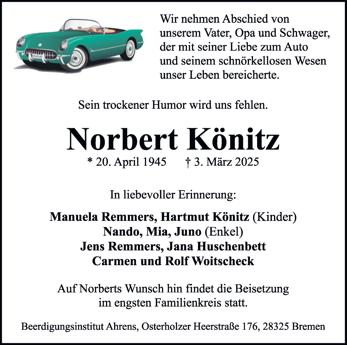 Traueranzeige von Norbert Könitz von WESER-KURIER