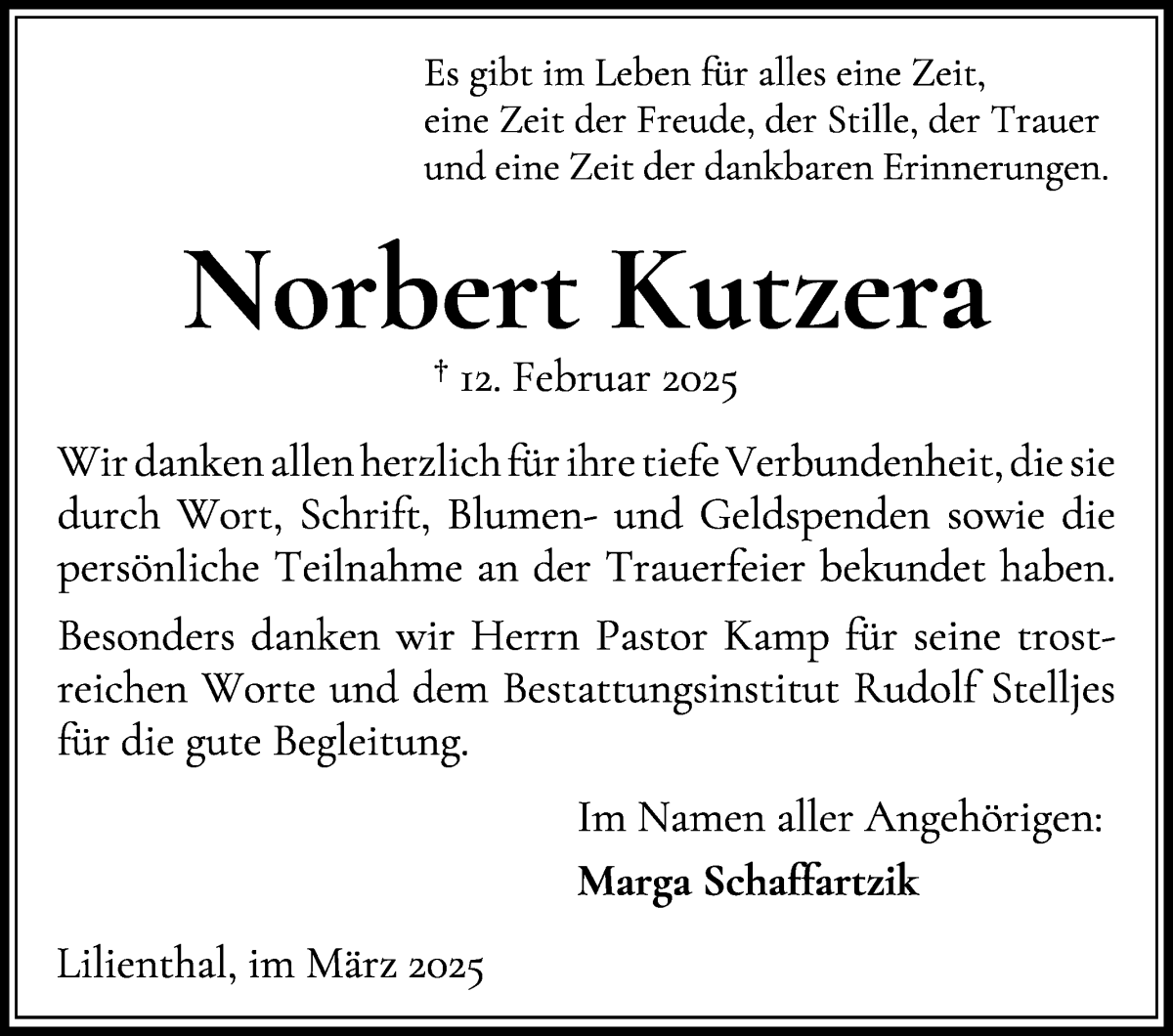 Traueranzeige von Norbert Kutzera von Wuemme Zeitung