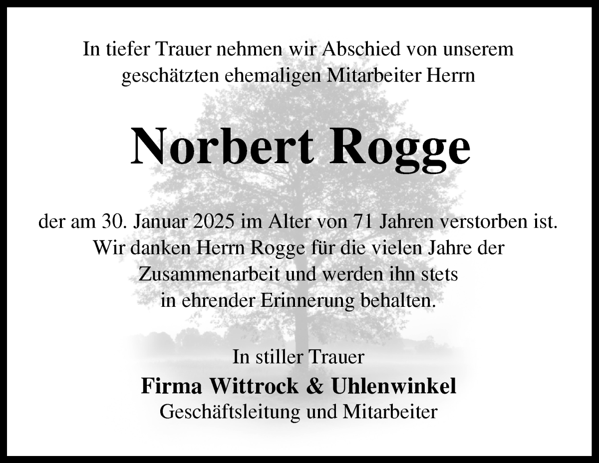 Traueranzeige von Norbert Rogge von WESER-KURIER