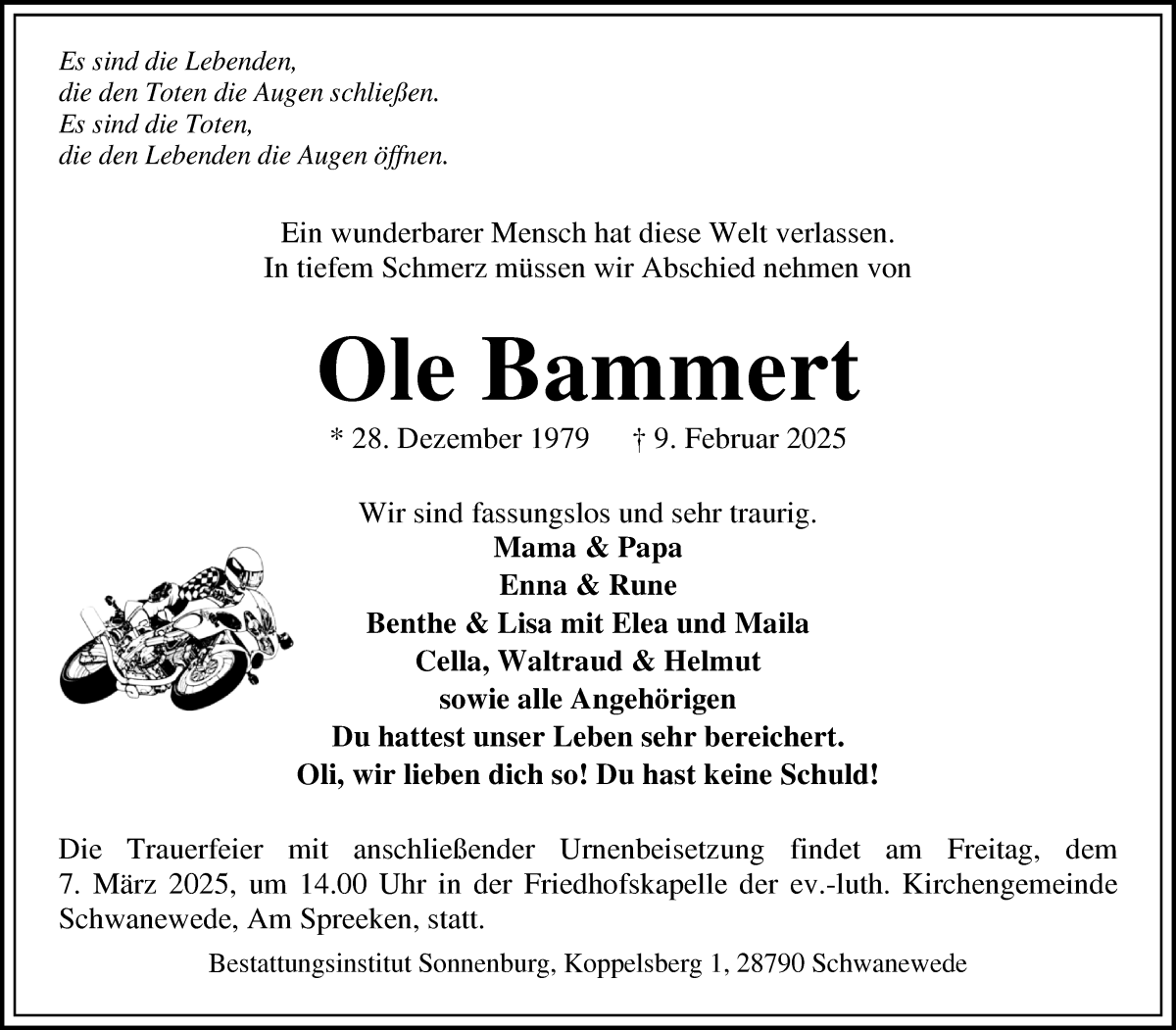 Traueranzeige von Ole Bammert von Die Norddeutsche