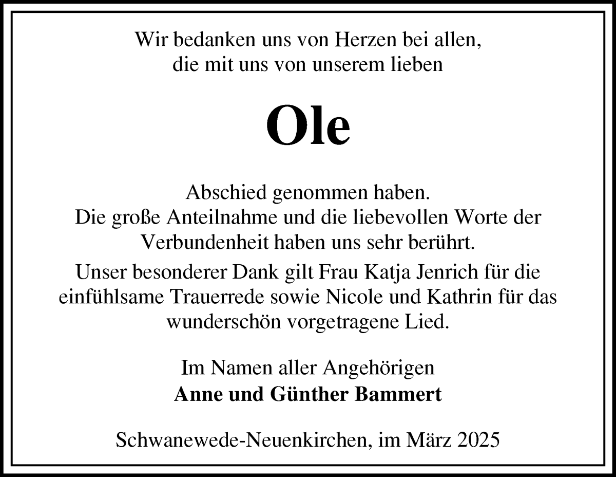 Traueranzeige von Ole Bammert von Die Norddeutsche