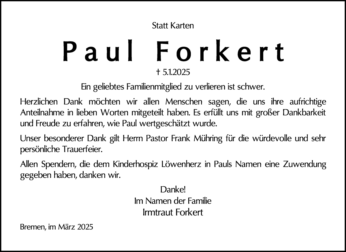 Traueranzeige von Paul Forkert von WESER-KURIER