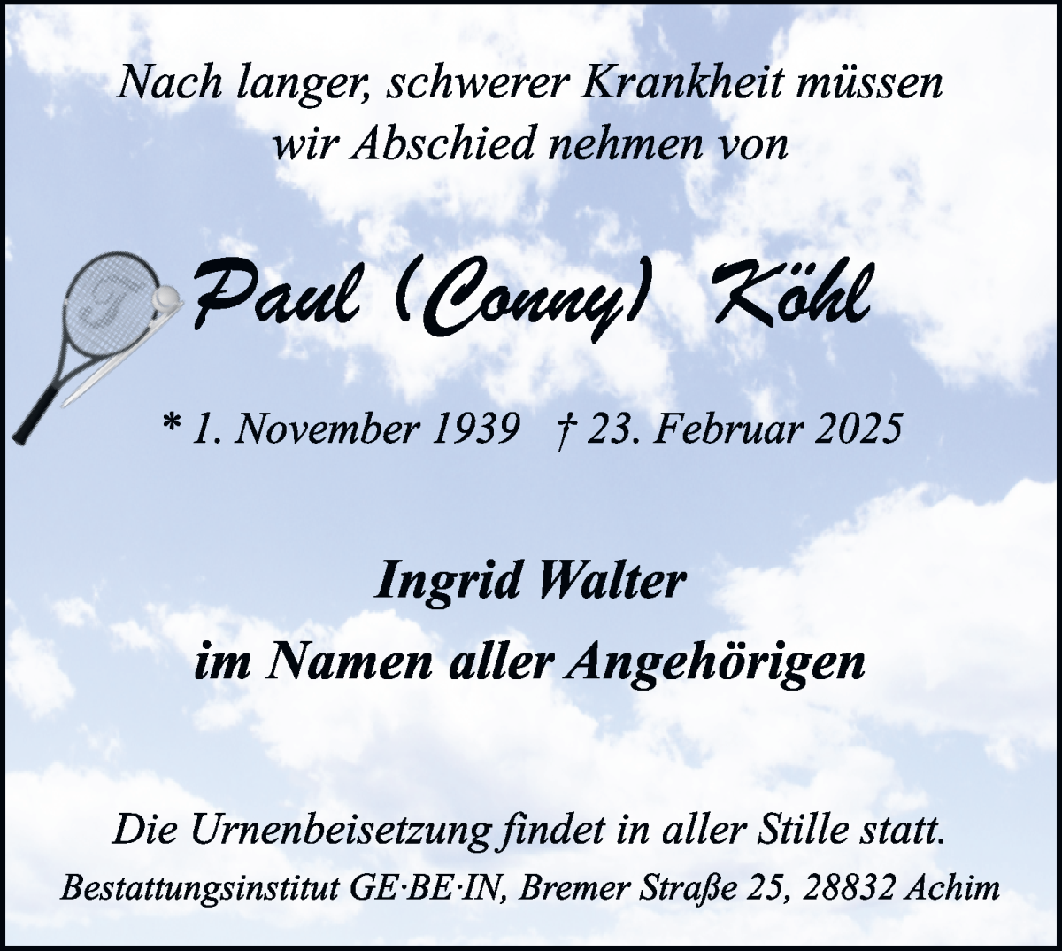 Traueranzeige von Paul Conny Köhl von WESER-KURIER
