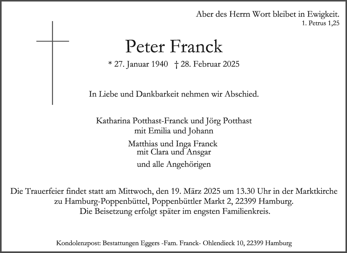 Traueranzeige von Peter Franck von WESER-KURIER