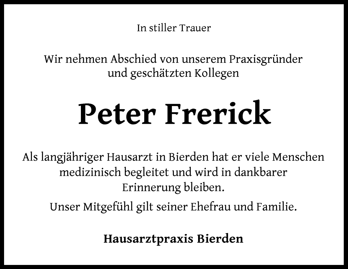 Traueranzeige von Peter Frerick von Achimer Kurier/Verdener Nachrichten