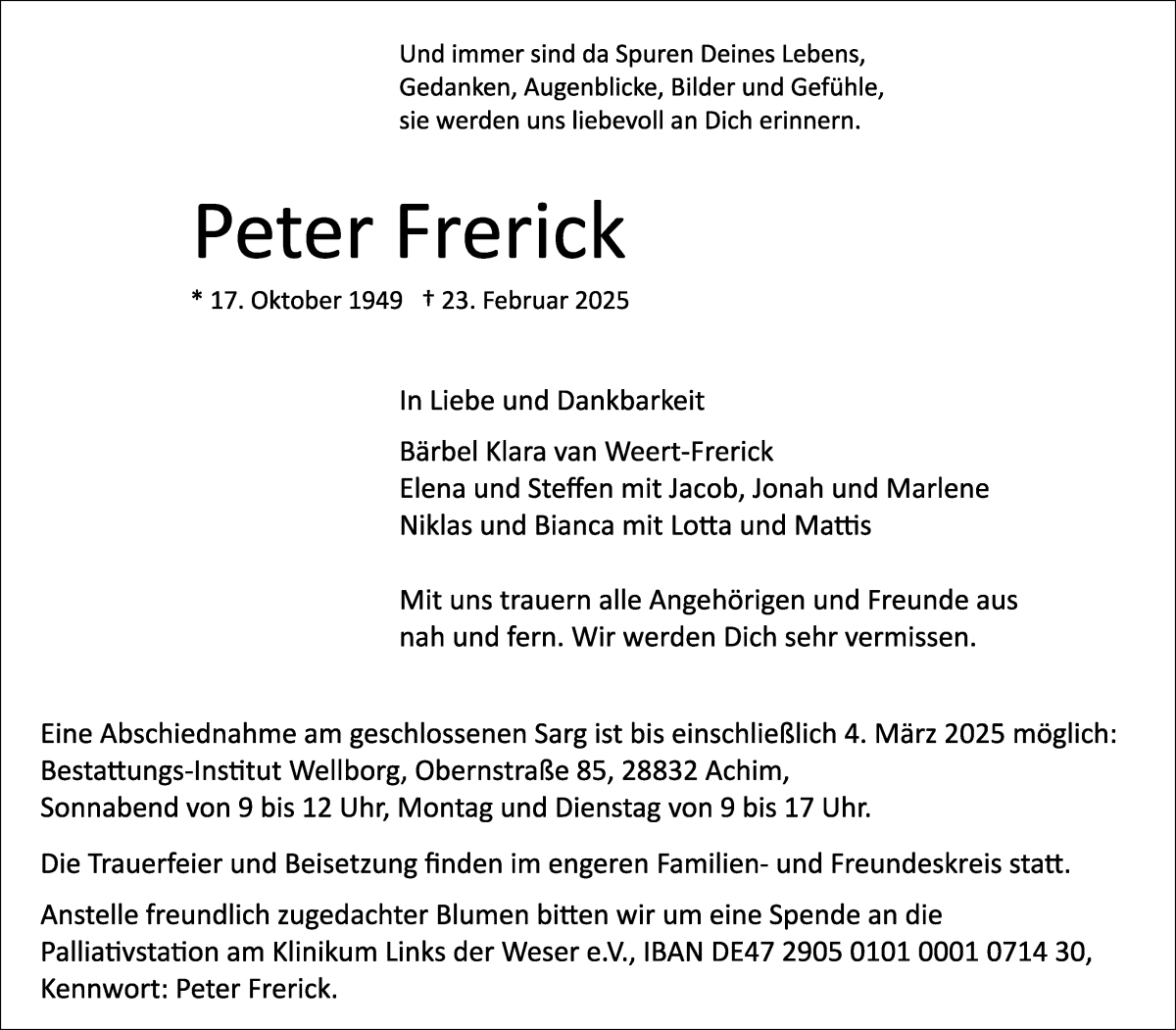 Traueranzeige von Peter Frerick von Achimer Kurier/Verdener Nachrichten