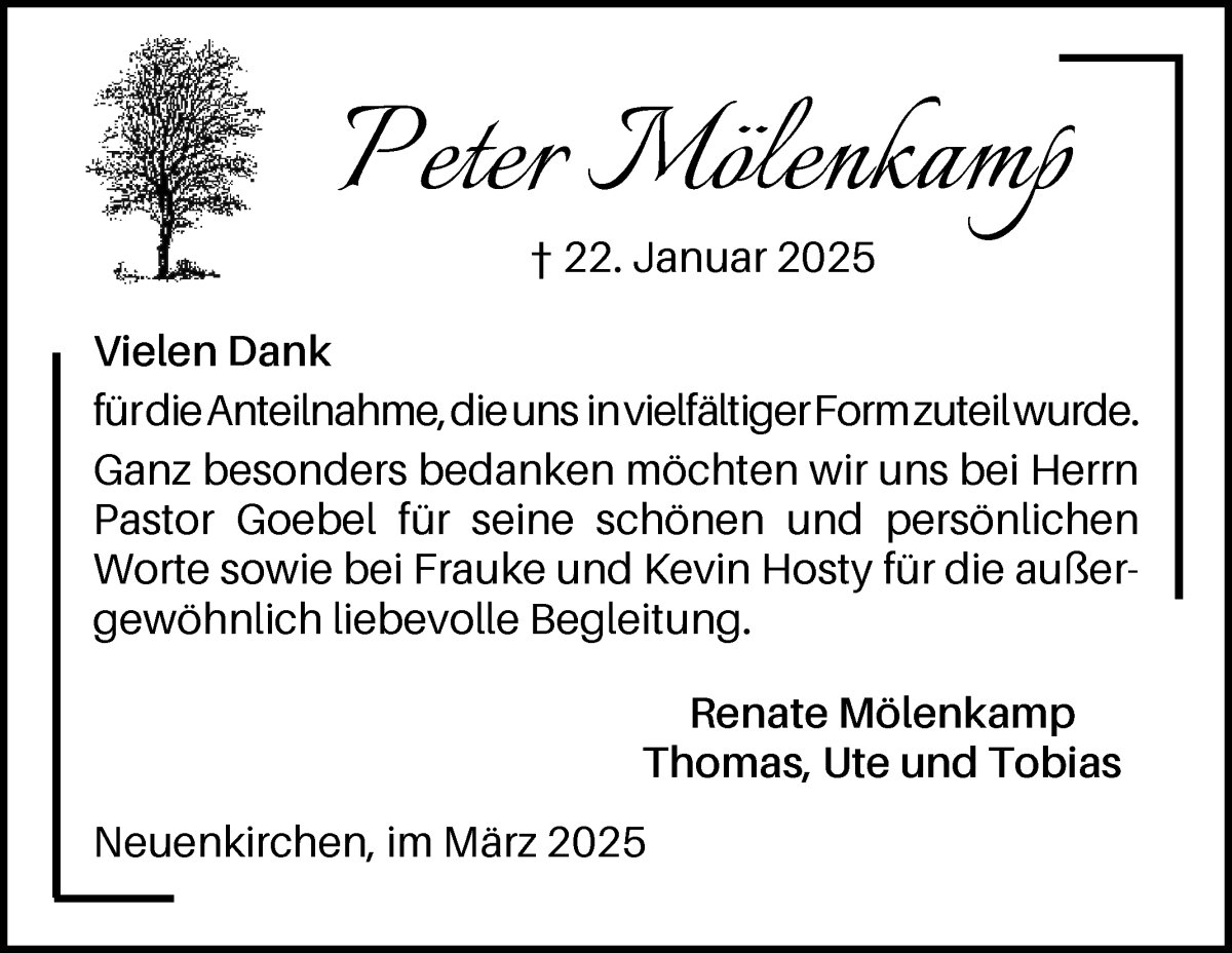 Traueranzeige von Peter Mölenkamp von Die Norddeutsche