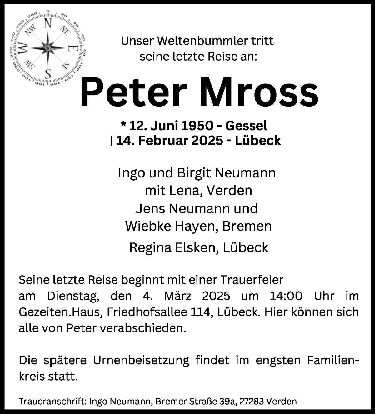 Traueranzeige von Peter Mross von WESER-KURIER