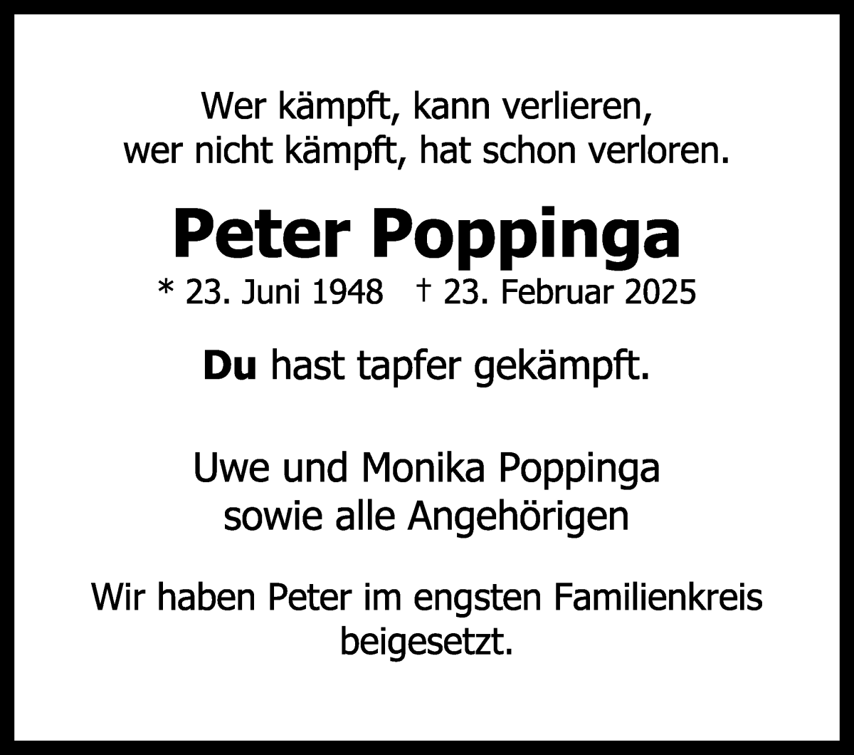 Traueranzeige von Peter Poppinga von WESER-KURIER
