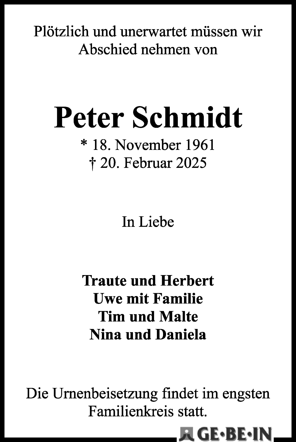 Traueranzeige von Peter Schmidt von WESER-KURIER