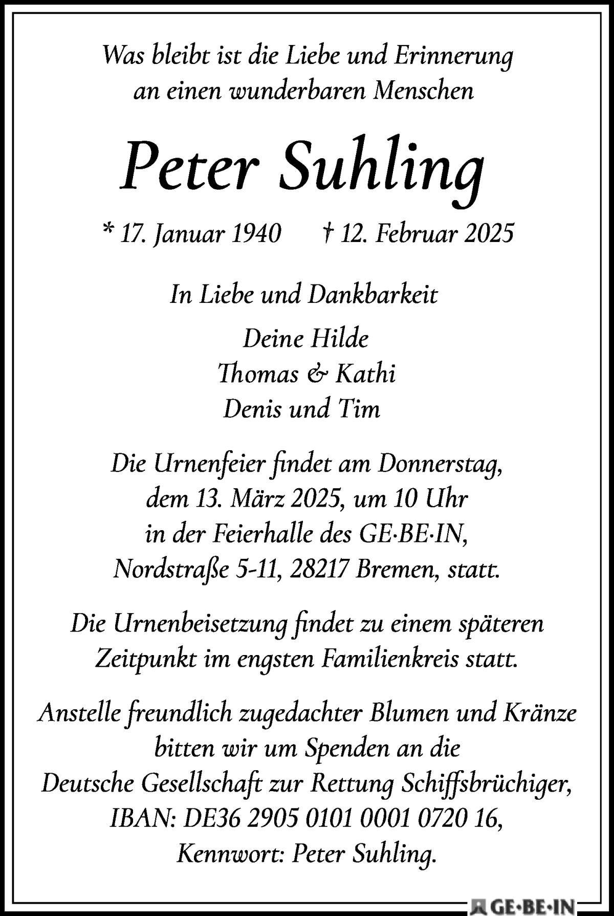 Traueranzeige von Peter Suhling von WESER-KURIER
