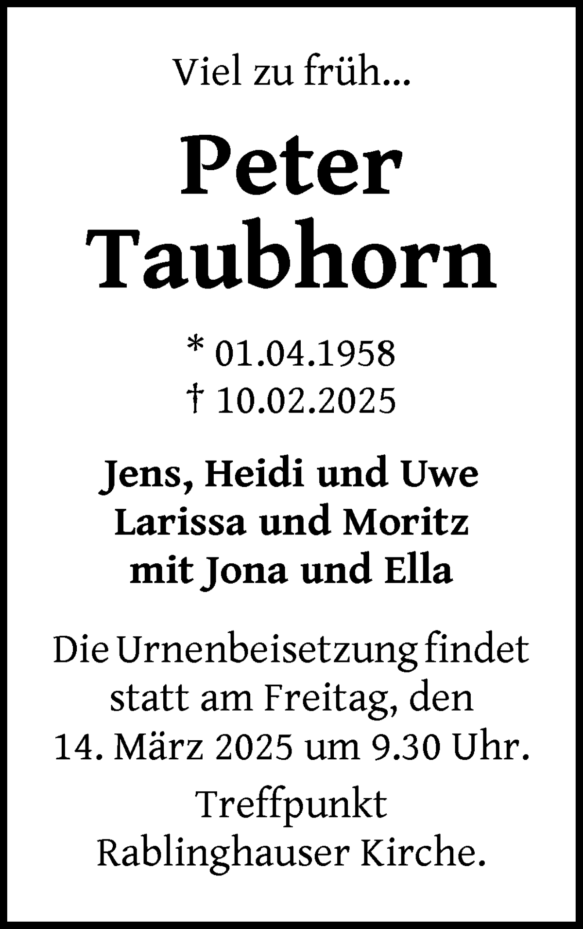 Traueranzeige von Peter Taubhorn von WESER-KURIER