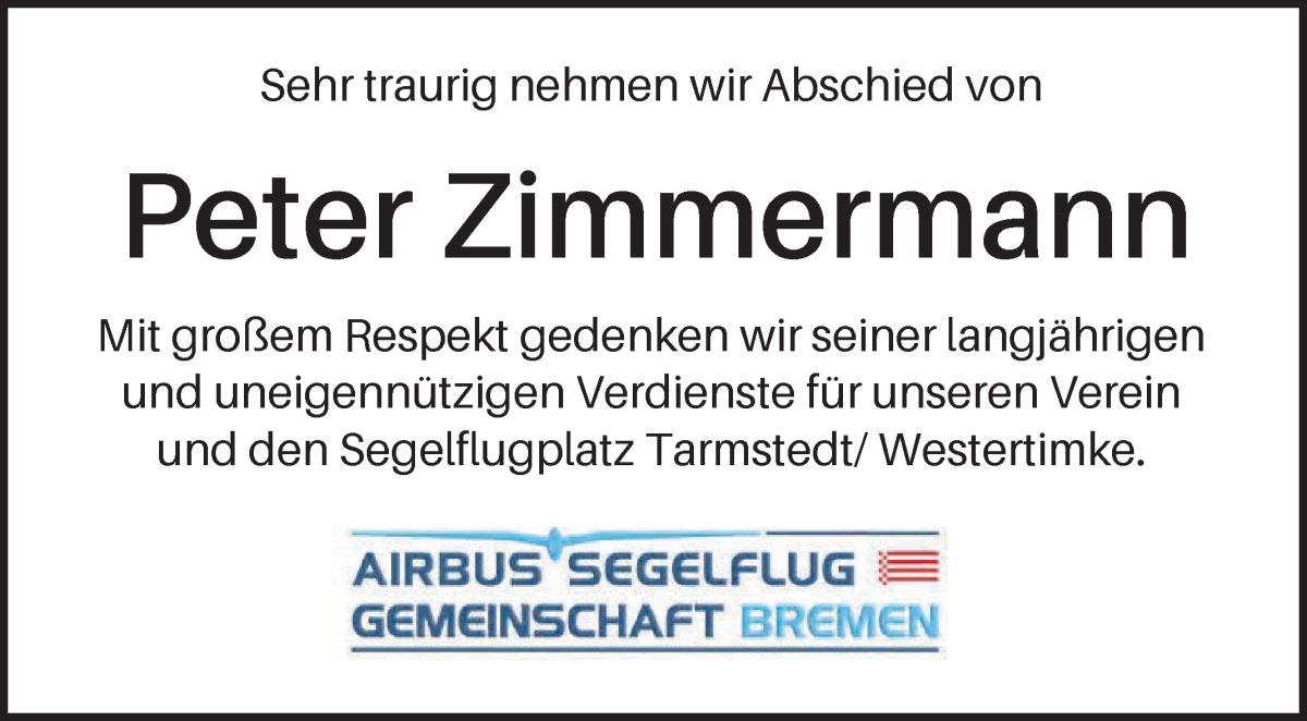 Traueranzeige von Peter Zimmermann von Wuemme Zeitung