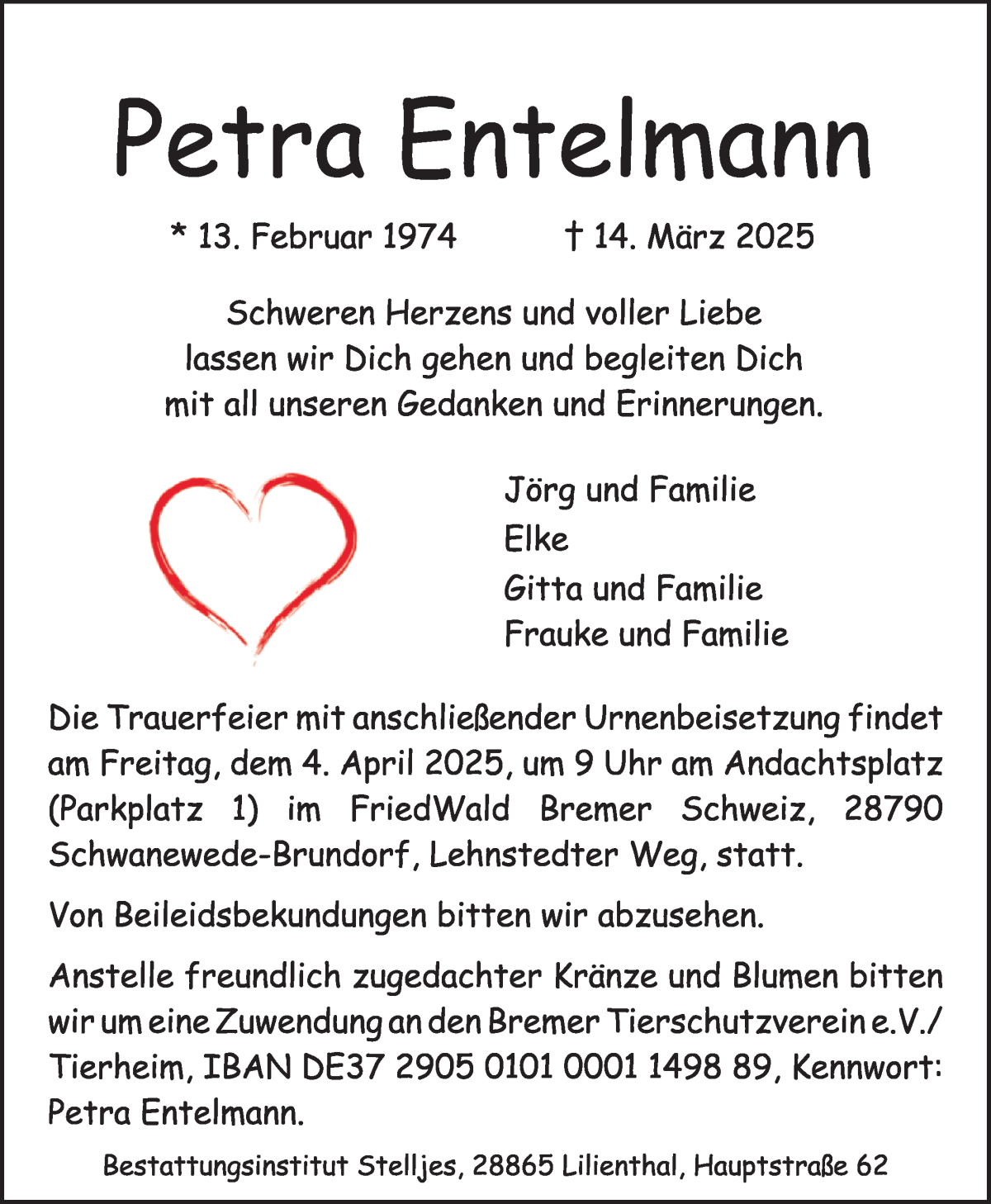 Traueranzeige von Petra Entelmann von WESER-KURIER