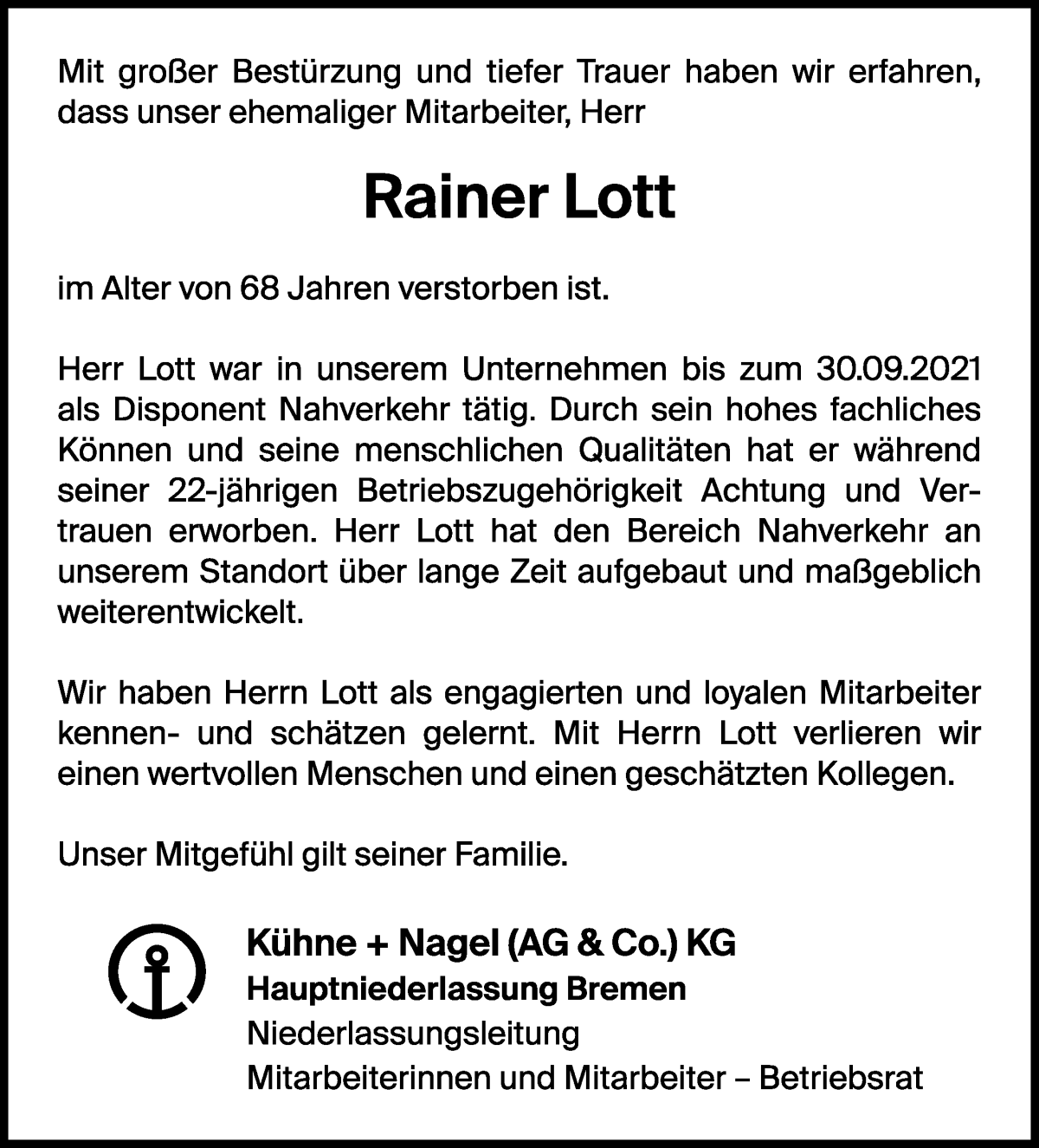 Traueranzeige von Rainer Lott von WESER-KURIER