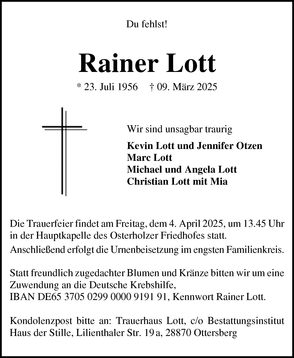 Traueranzeige von Rainer Lott von WESER-KURIER