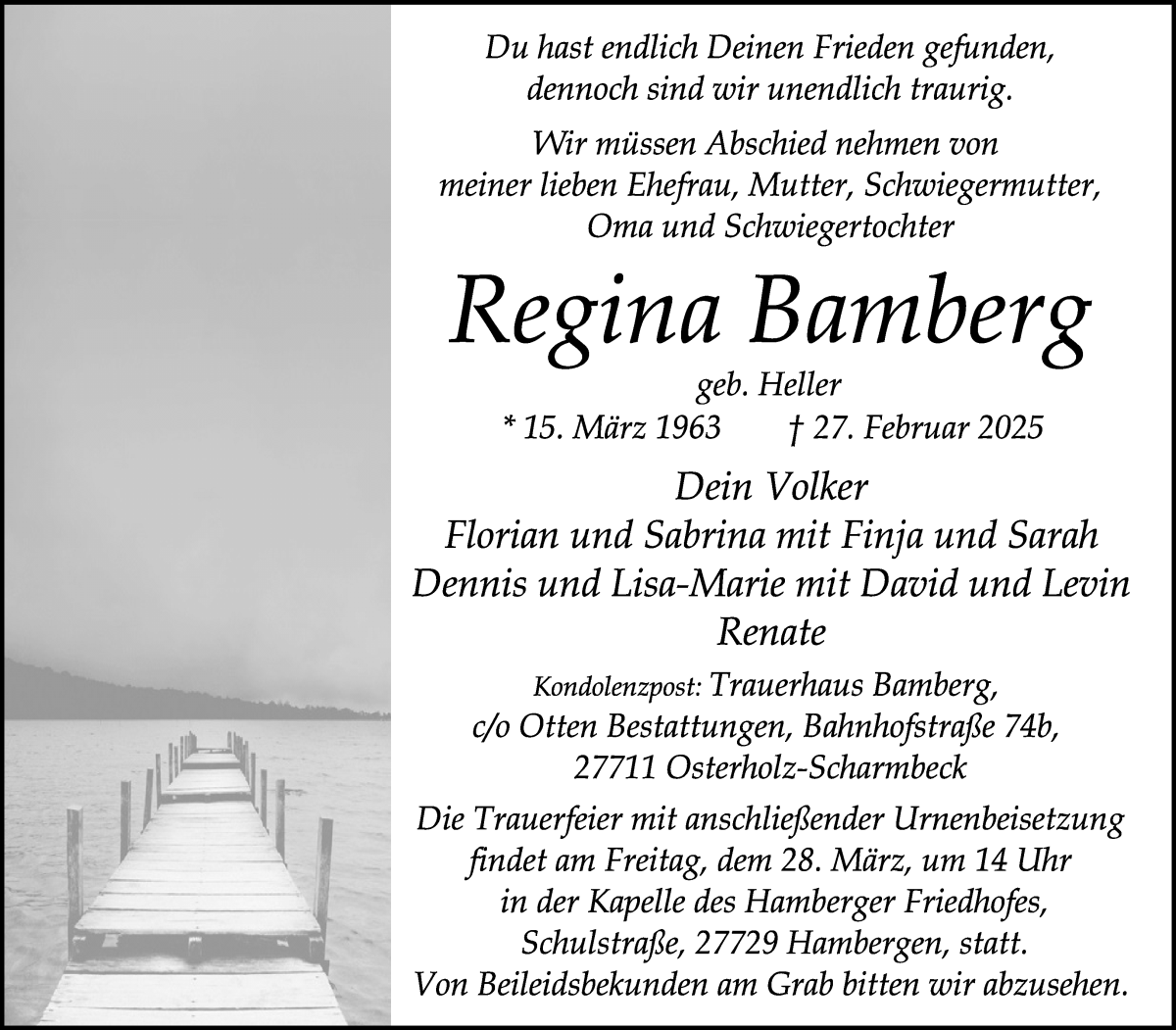 Traueranzeige von Regina Bamberg von Osterholzer Kreisblatt