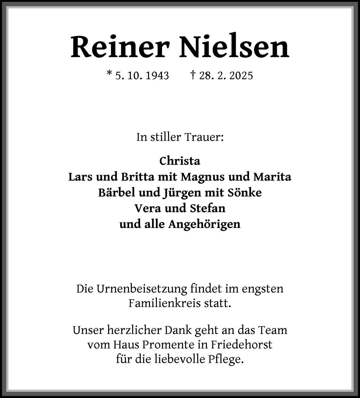 Traueranzeige von Reiner Nielsen von Die Norddeutsche