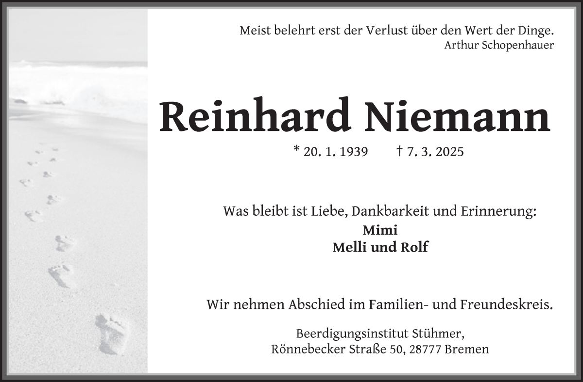 Traueranzeige von Reinhard Niemann von Die Norddeutsche
