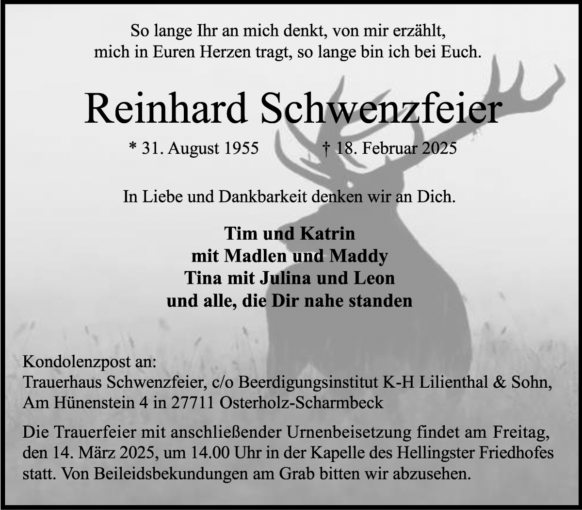 Traueranzeige von Reinhard Schwenzfeier von Osterholzer Kreisblatt