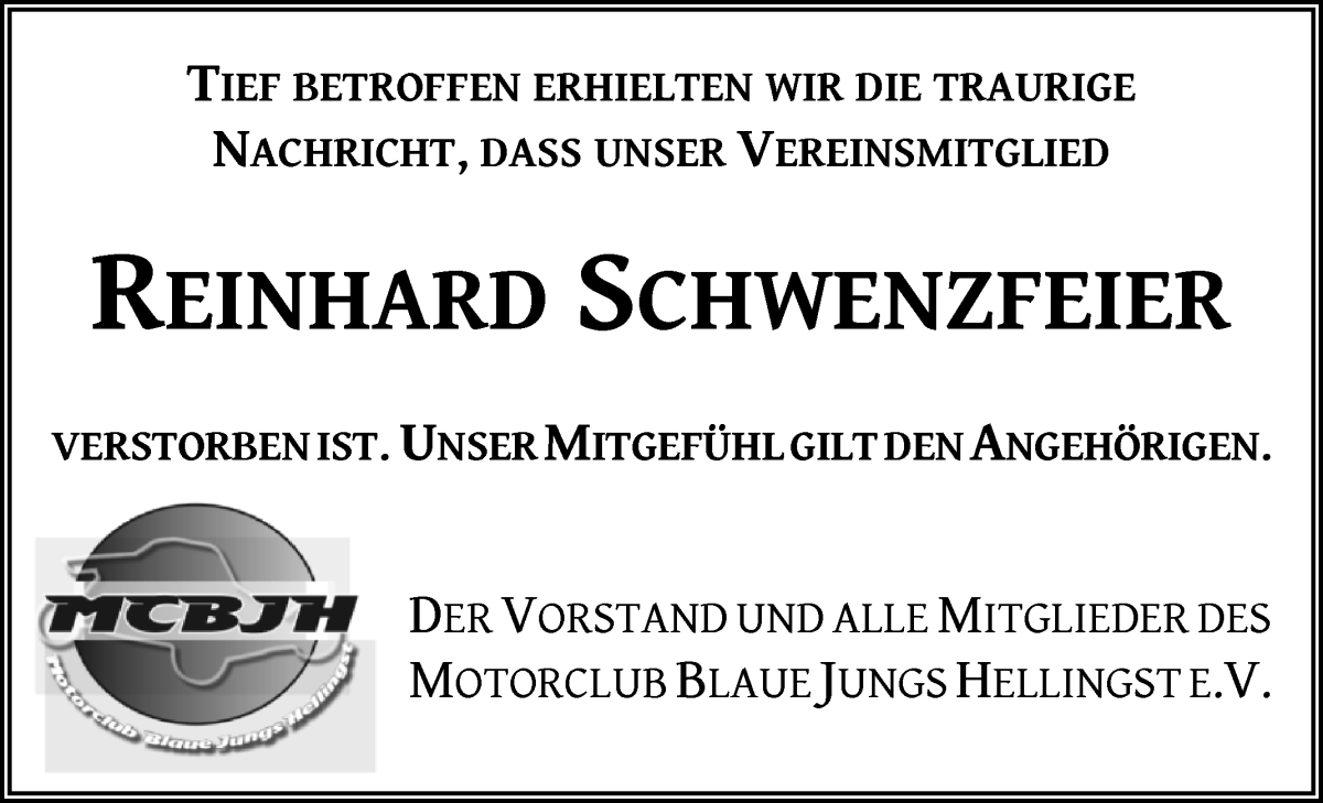 Traueranzeige von Reinhard Schwenzfeier von Osterholzer Kreisblatt