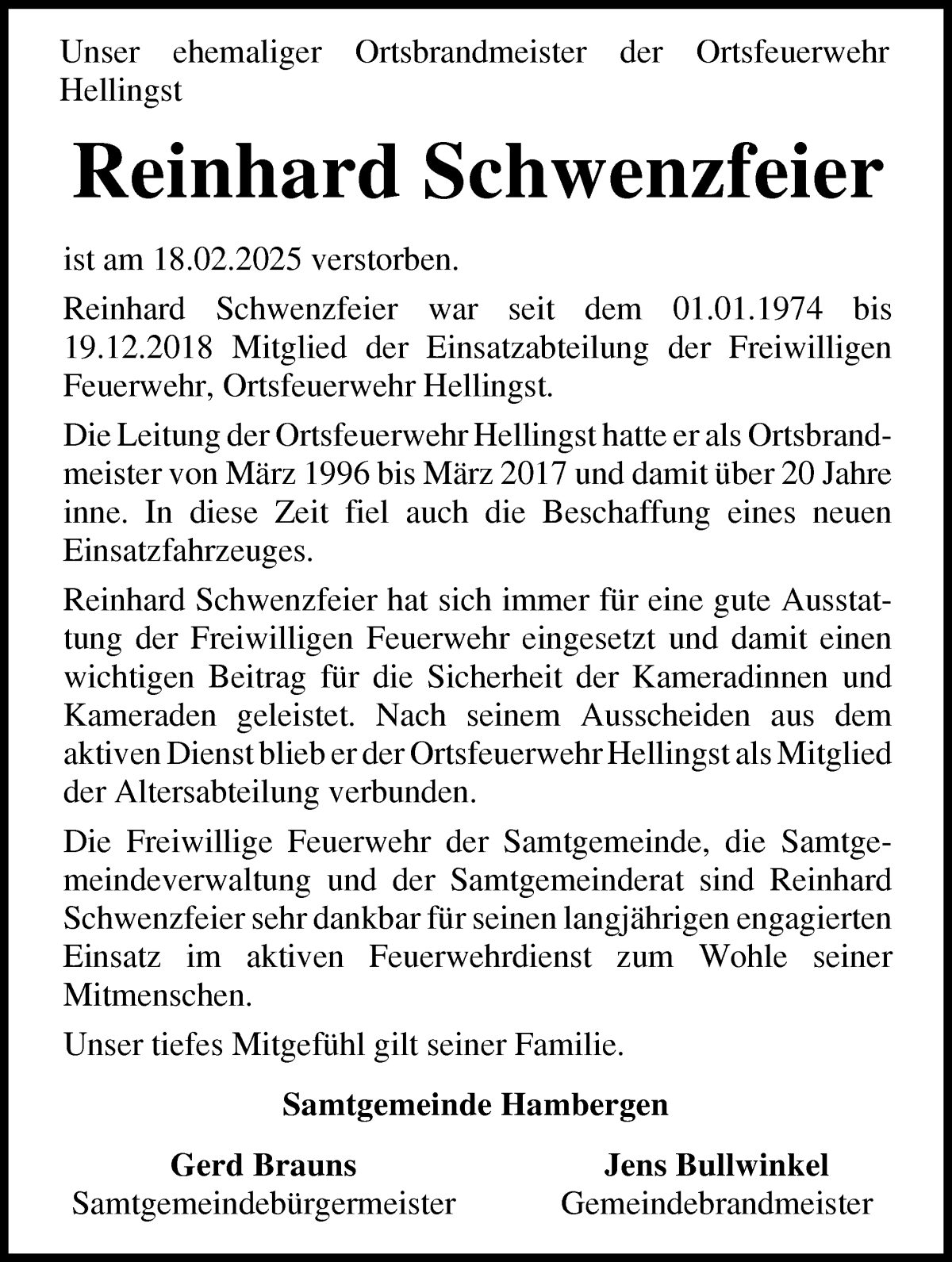 Traueranzeige von Reinhard Schwenzfeier von Osterholzer Kreisblatt
