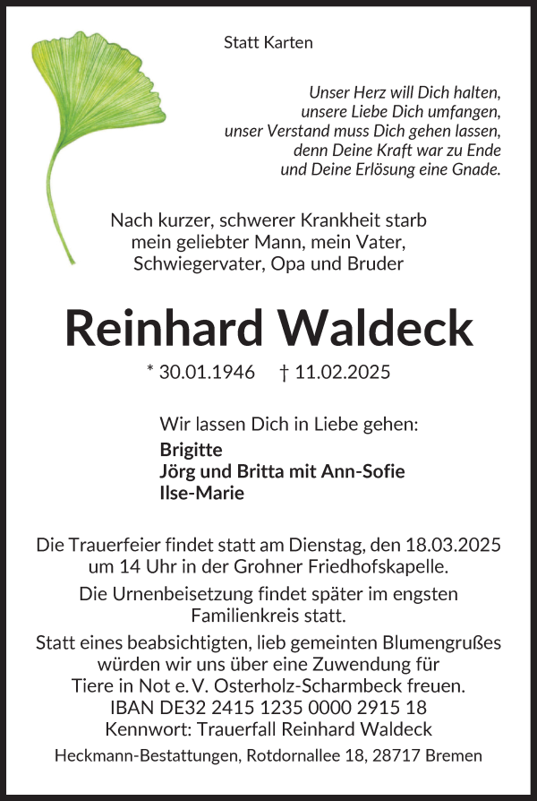 Traueranzeige von Reinhard Waldeck von Die Norddeutsche