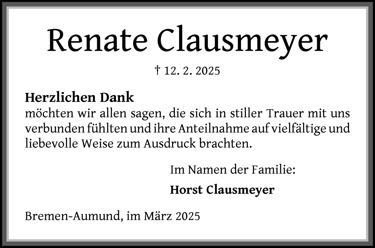 Traueranzeige von Renate Clausmeyer von Die Norddeutsche