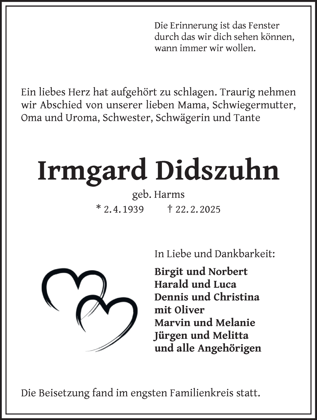 Traueranzeige von Renate Didszuhn von Die Norddeutsche