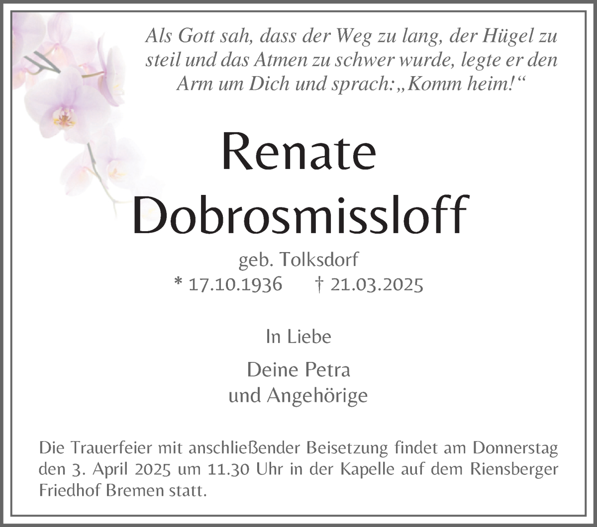 Traueranzeige von Renate Dobrosmissloff von WESER-KURIER