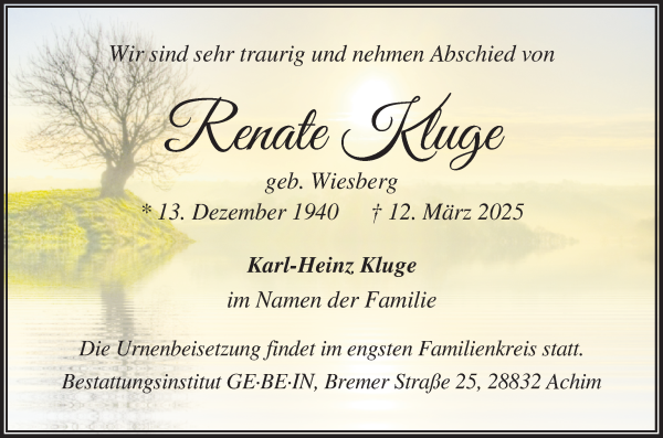 Traueranzeige von Renate Kluge von Achimer Kurier/Verdener Nachrichten