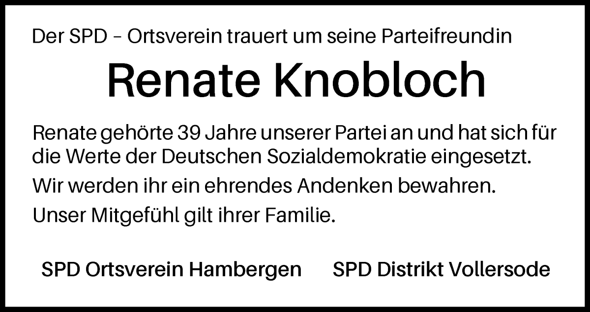 Traueranzeige von Renate Knobloch von Osterholzer Kreisblatt