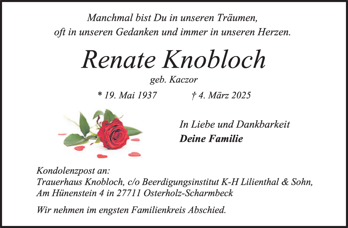 Traueranzeige von Renate Knobloch von Osterholzer Kreisblatt
