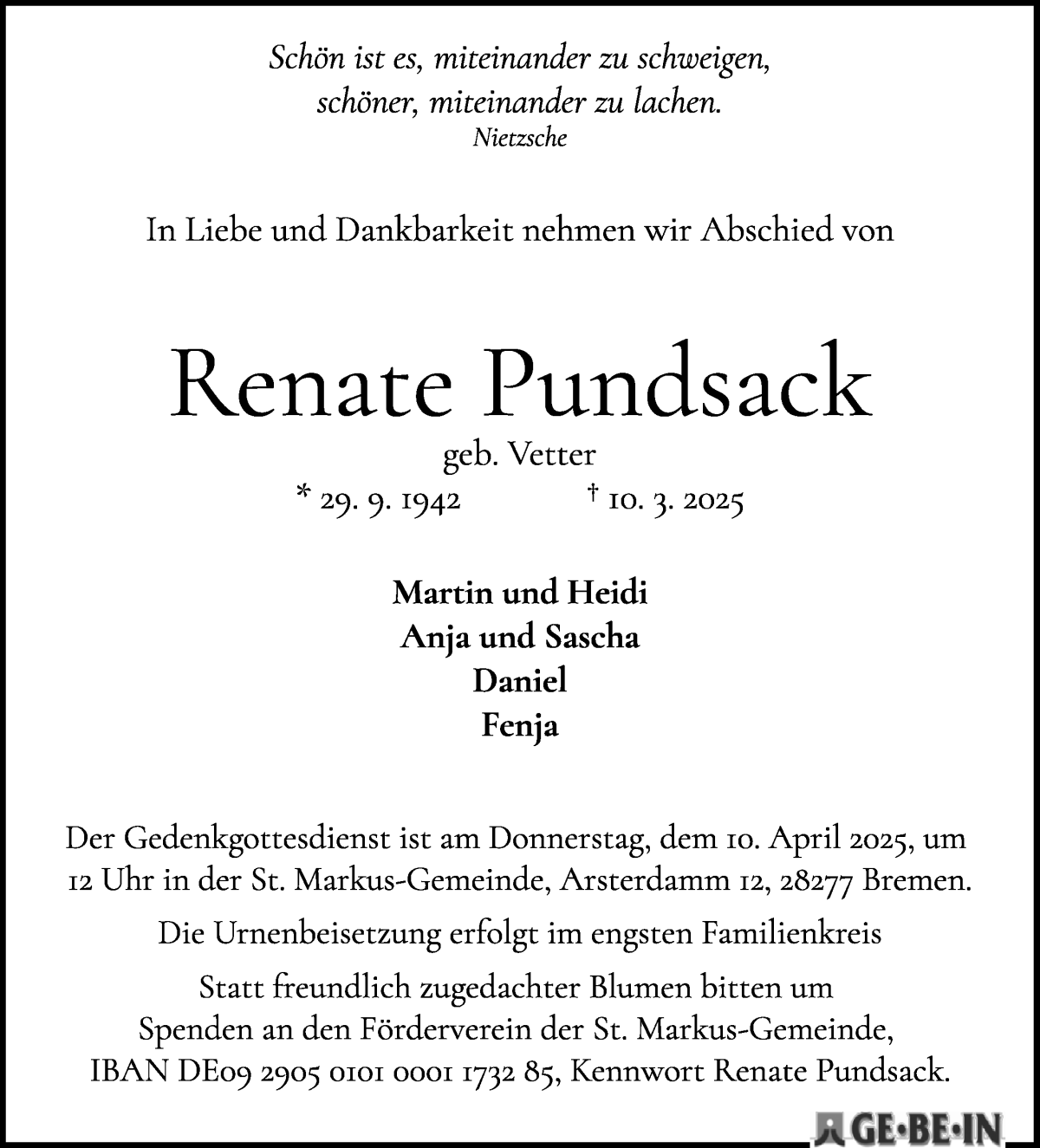 Traueranzeige von Renate Pundsack von WESER-KURIER