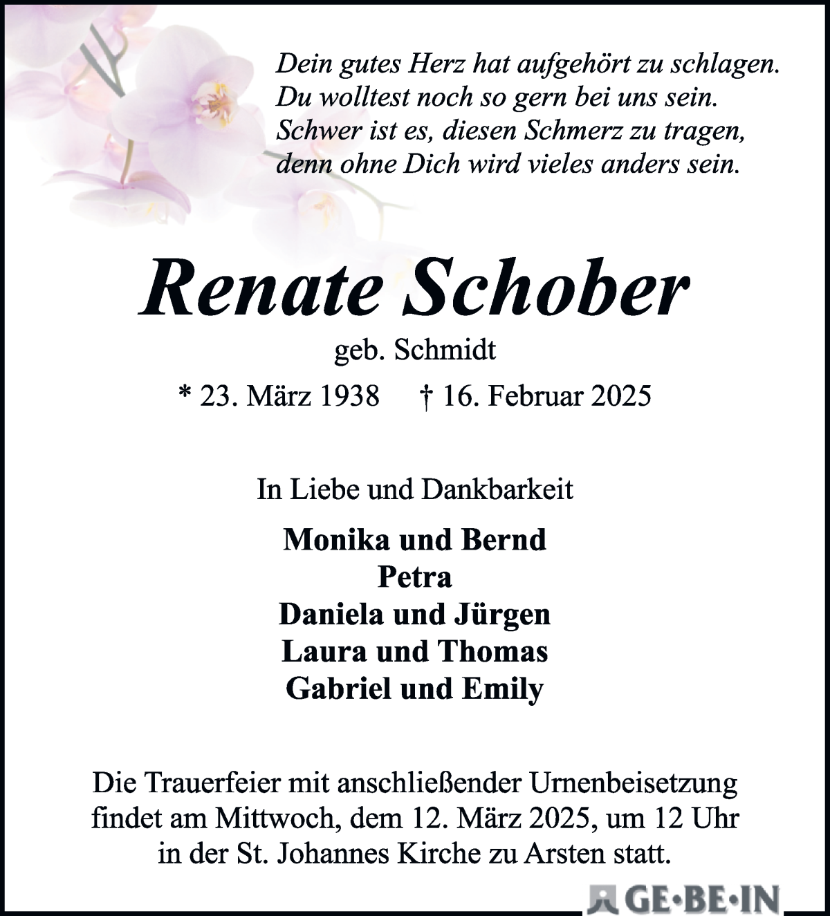 Traueranzeige von Renate Schober von WESER-KURIER