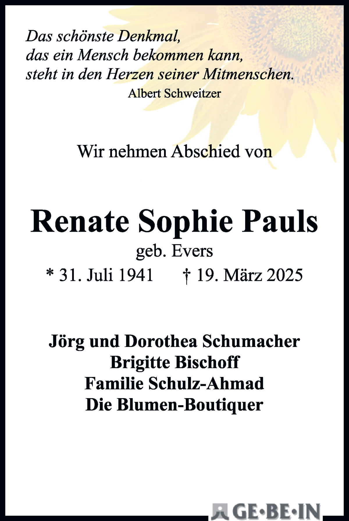 Traueranzeige von Renate Sophie Pauls von WESER-KURIER