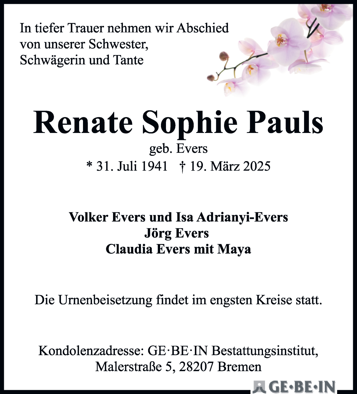 Traueranzeige von Renate Sophie Pauls von WESER-KURIER