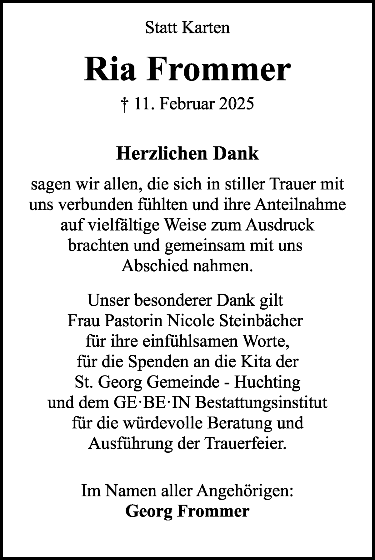 Traueranzeige von Ria Frommer von WESER-KURIER