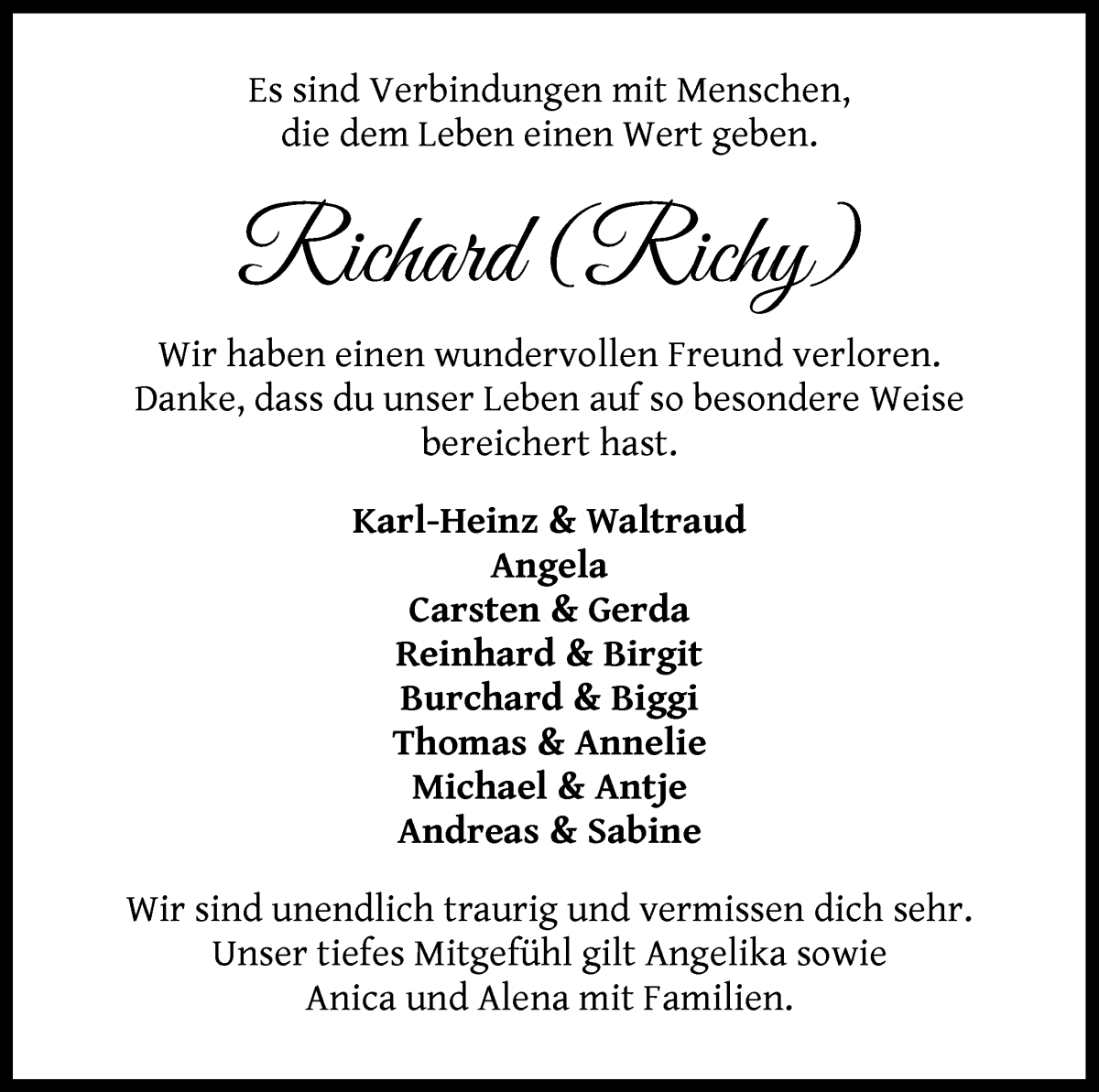 Traueranzeige von Richard Franken von Die Norddeutsche