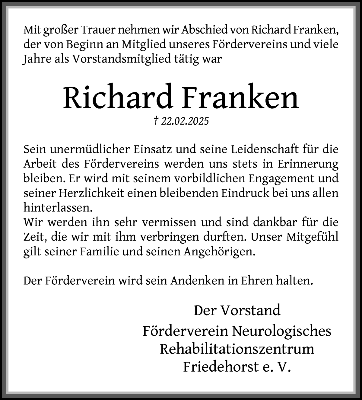 Traueranzeige von Richard Franken von Die Norddeutsche