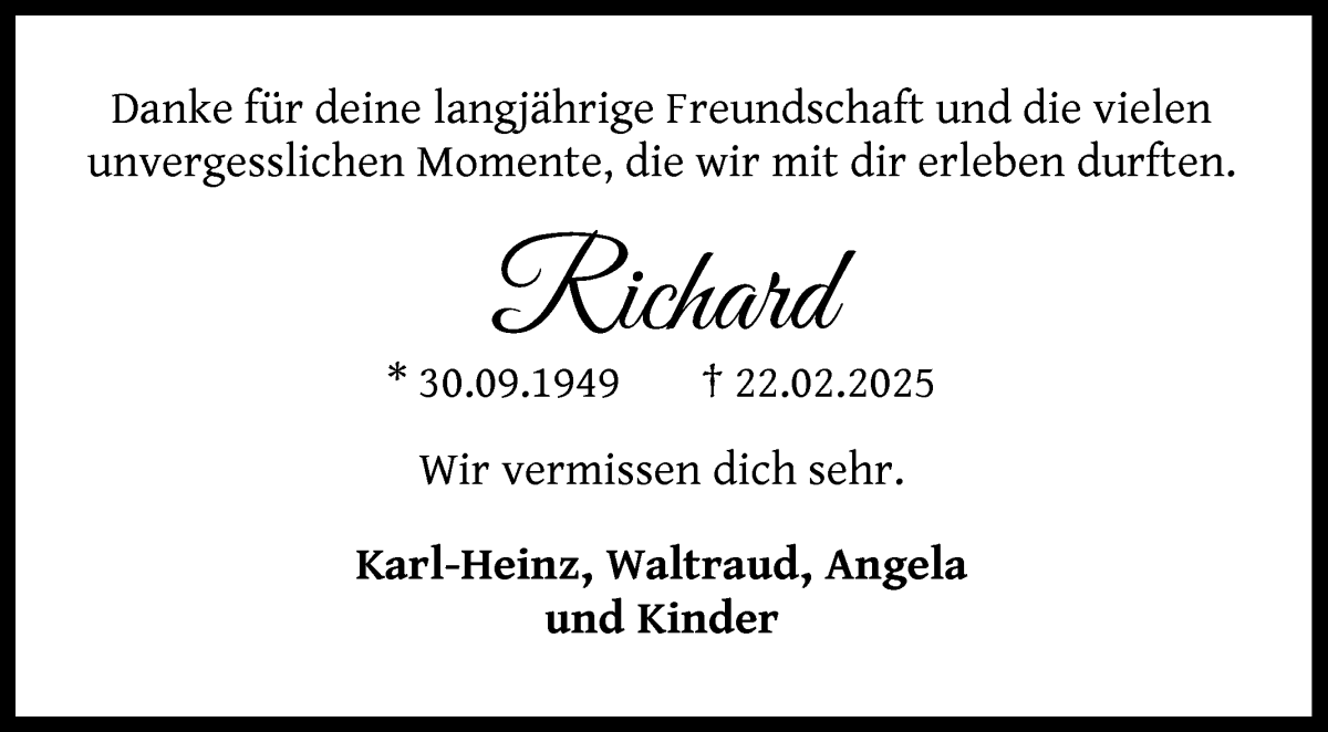 Traueranzeige von Richard Franken von Die Norddeutsche