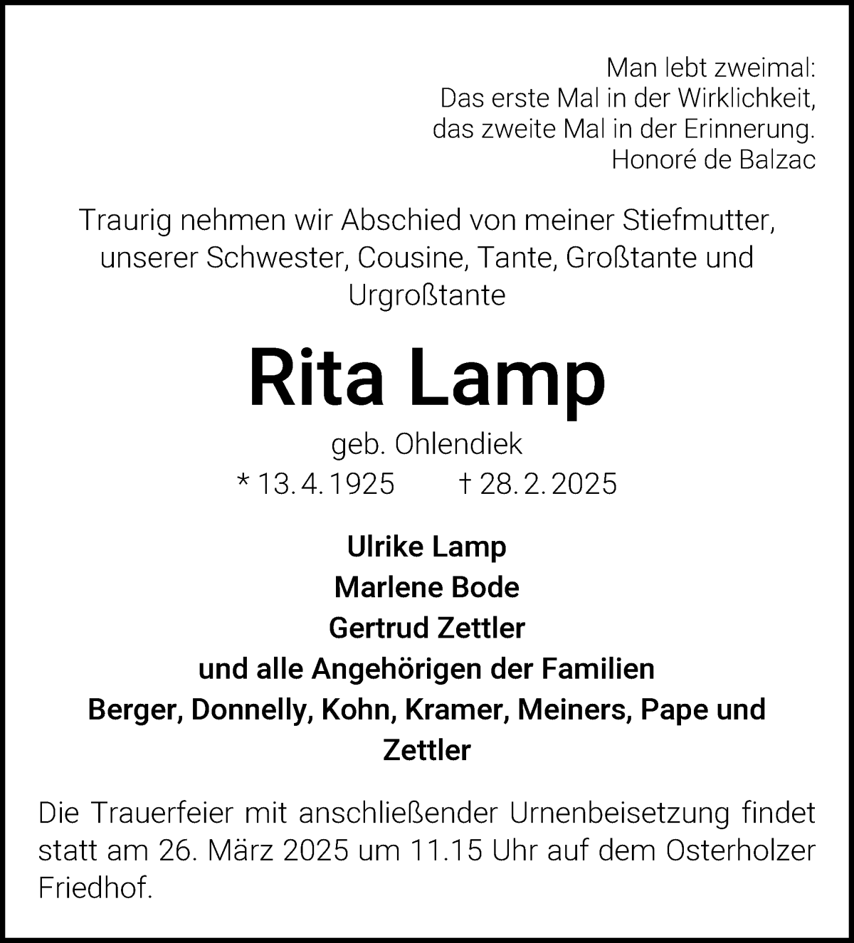 Traueranzeige von Rita Lamp von WESER-KURIER