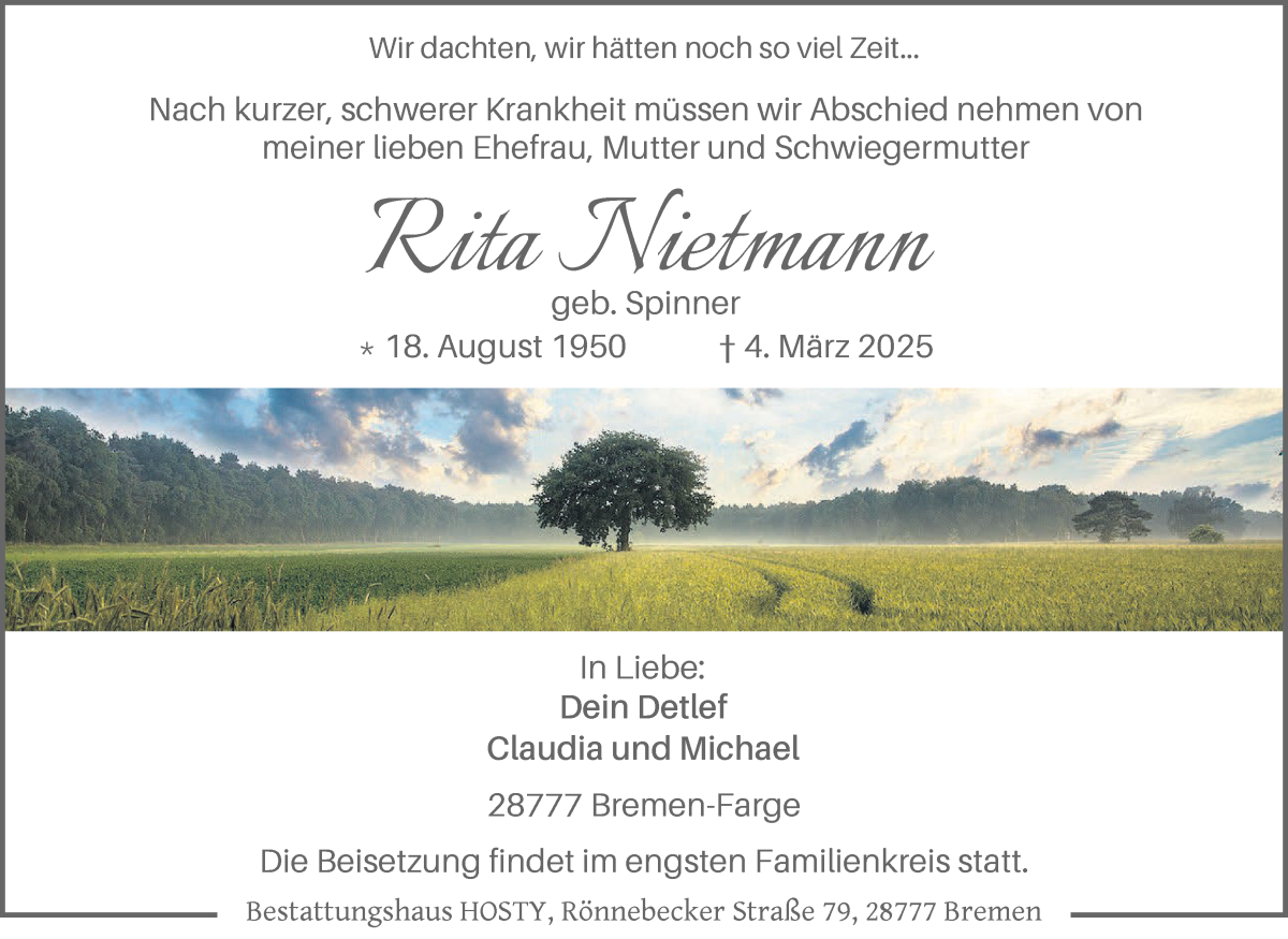 Traueranzeige von Rita Nietmann von Die Norddeutsche