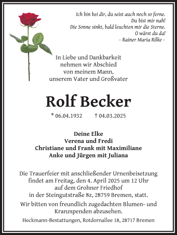 Traueranzeige von Rolf Becker von Die Norddeutsche