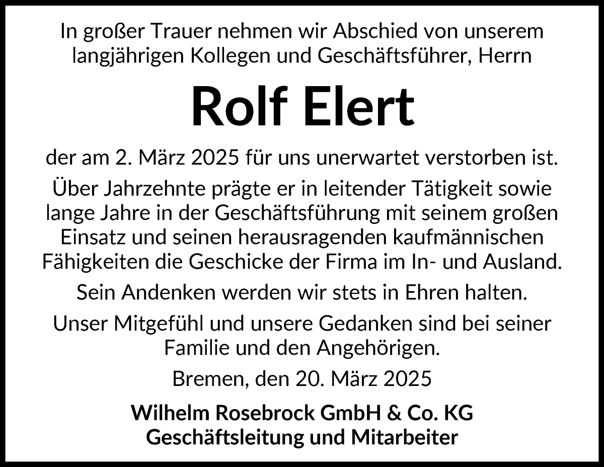 Traueranzeige von Rolf Elert von WESER-KURIER