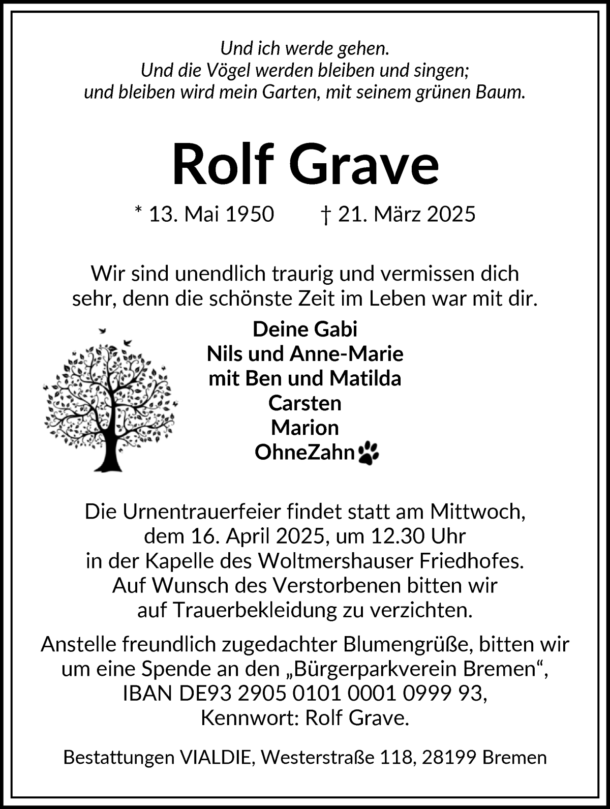 Traueranzeige von Rolf Grave von WESER-KURIER