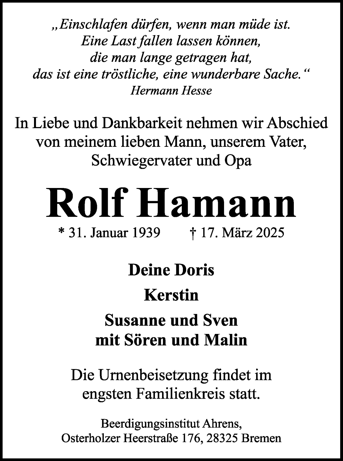 Traueranzeige von Rolf Hamann von WESER-KURIER